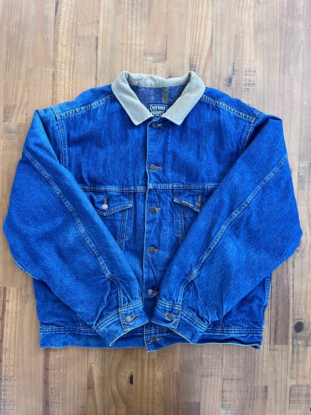 Vintage Denver Hayes Men’s Blue Denim Chore Jacket Wool Liner Tan Collar 44TG